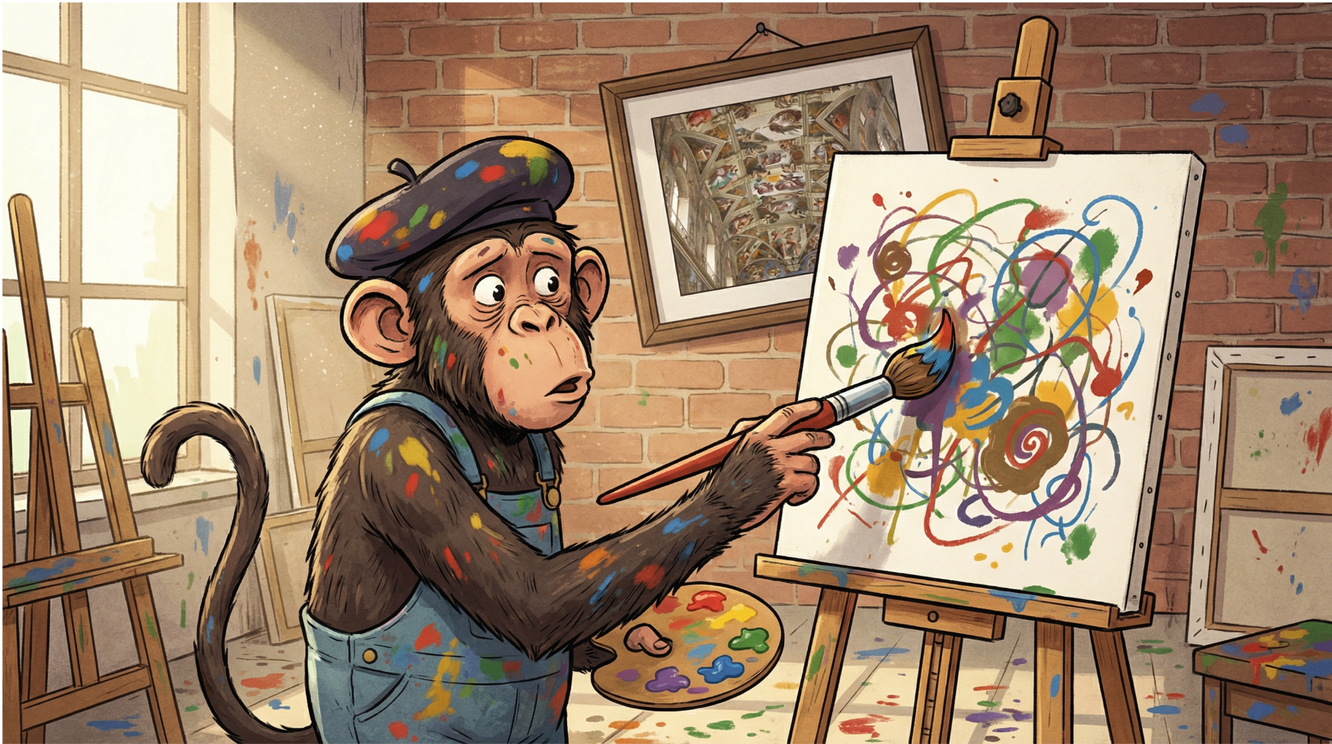 Cartoon monkey with paintbrush - illustrating that having the tools doesn't make you an expert